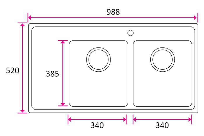 Kjøkkenvask ONE 2 KUM med rille,  988x520mm, rille venstre