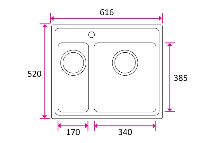 Kjøkkenvask ONE 11/2 KUM uten rille 626x520mm, stor kum høyre