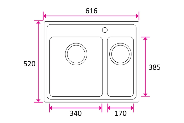 Kjøkkenvask ONE 11/2 KUM uten rille 626x520mm, stor kum venstre